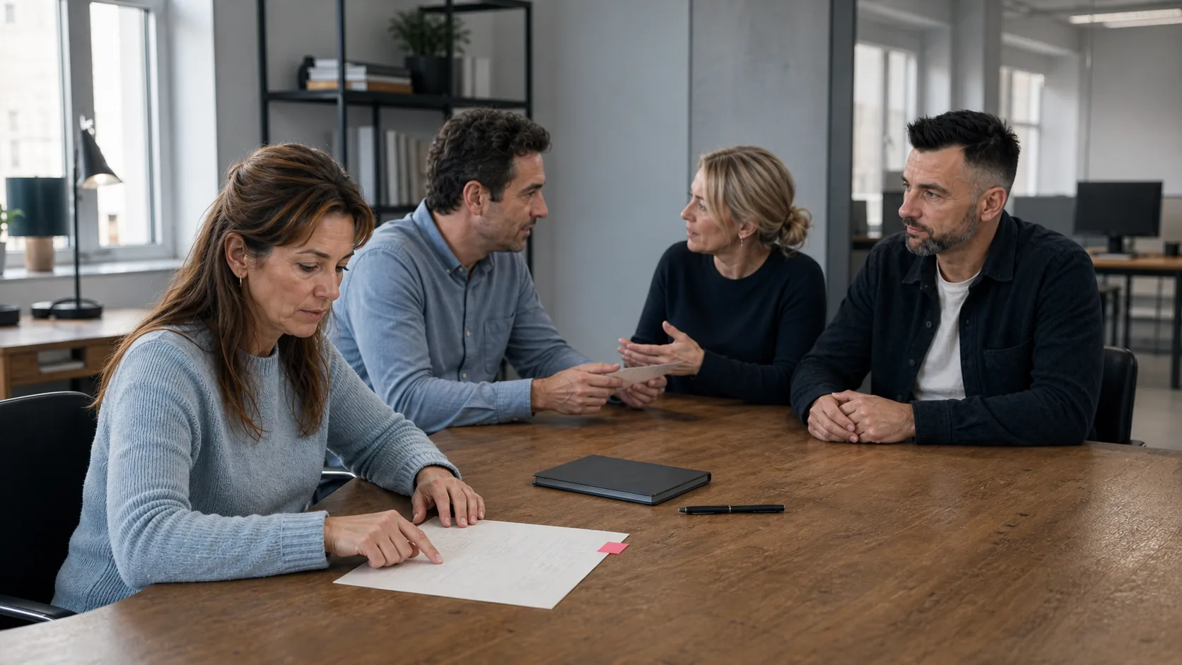 Illustratie van een team dat een werkproces bespreekt